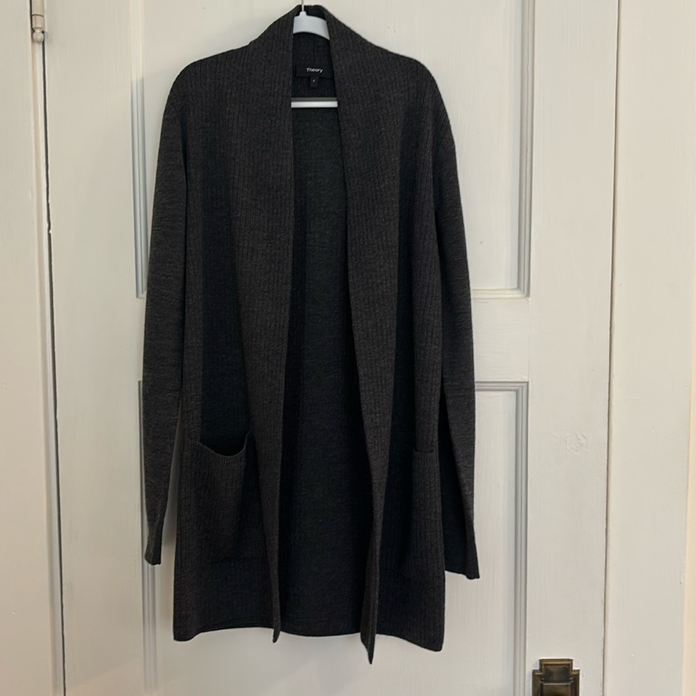 THEORY Gray Reeda R Noble Wool Blend Cardigan Sweater Top Size Petit (XS)